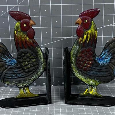 Pair of Cast Iron Rooster Book Ends 