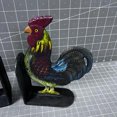 Pair of Cast Iron Rooster Book Ends 