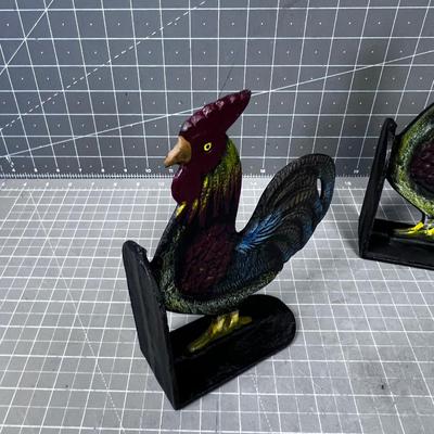Pair of Cast Iron Rooster Book Ends 