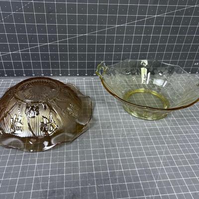 (2)Depression Glass  Bowls Yellow and Iridescent 