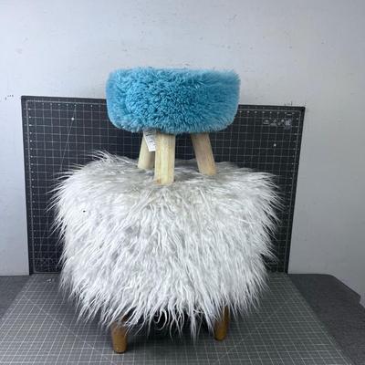 2 Fluffy Foot Stools. White & Smaller Blue