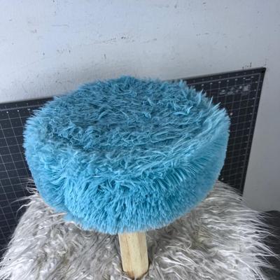 2 Fluffy Foot Stools. White & Smaller Blue
