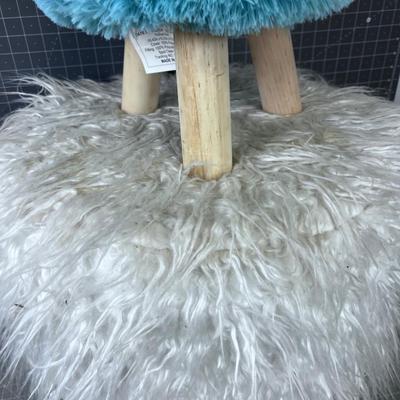 2 Fluffy Foot Stools. White & Smaller Blue
