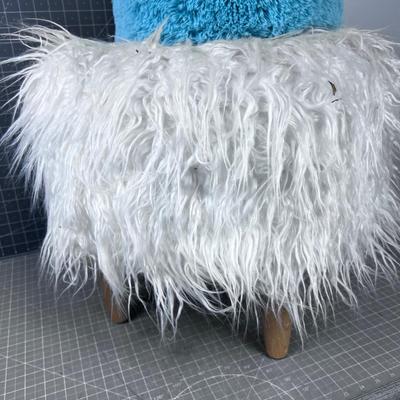 2 Fluffy Foot Stools. White & Smaller Blue