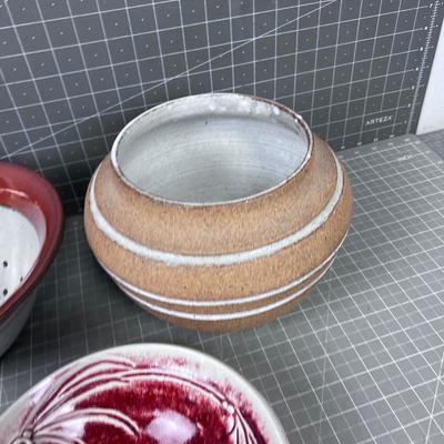 3 Pieces of Studio Art Pottery; A Colander and 
