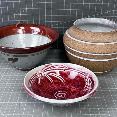 3 Pieces of Studio Art Pottery; A Colander and 