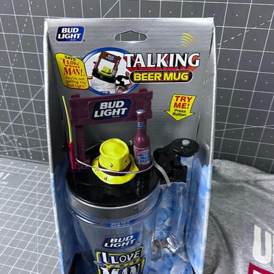 NEW Talking Beer Mug, Never Drink Alone ++ Plus a University of Budweiser T-Shirt
