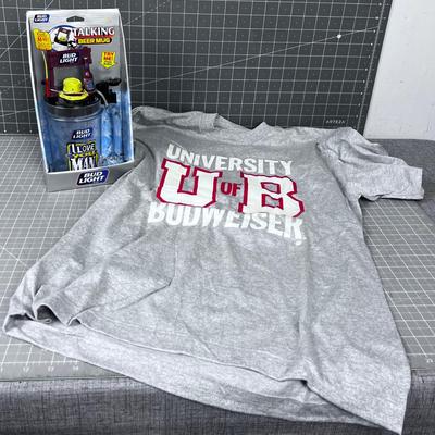NEW Talking Beer Mug, Never Drink Alone ++ Plus a University of Budweiser T-Shirt
