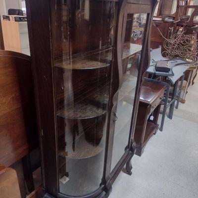 Antique Curved Glass Tiger Oak China Cabinet- Approx 37 3/4" x 14" x 57" Tall