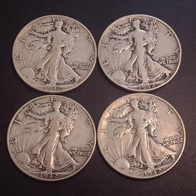 Set of Four 1942 U.S. Mint Walking Liberty Silver Half Dollars Circulated (3)