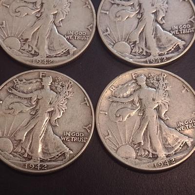 Set of Four 1942 U.S. Mint Walking Liberty Silver Half Dollars Circulated (3)