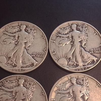 Set of Four 1942 U.S. Mint Walking Liberty Silver Half Dollars Circulated (3)