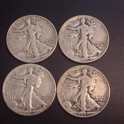 Set of Four 1942 U.S. Mint Walking Liberty Silver Half Dollars Circulated (4)