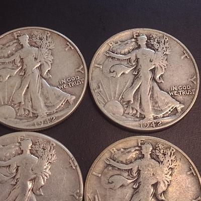 Set of Four 1942 U.S. Mint Walking Liberty Silver Half Dollars Circulated (4)