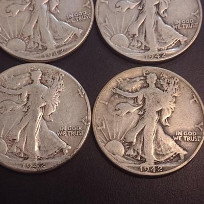 Set of Four 1942 U.S. Mint Walking Liberty Silver Half Dollars Circulated (4)