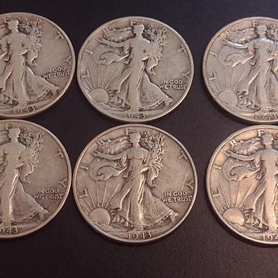 Set of Six U.S. Mint Walking Liberty Silver Half Dollars Various Dates Circulated (5)