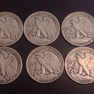 Set of Six U.S. Mint Walking Liberty Silver Half Dollars Various Dates Circulated (5)