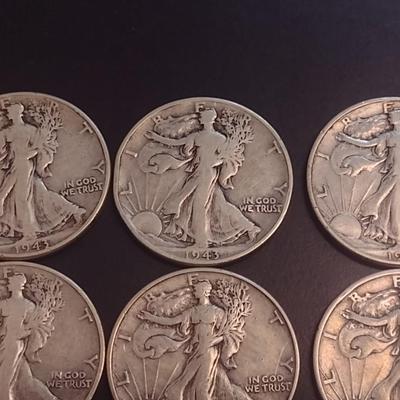 Set of Six U.S. Mint Walking Liberty Silver Half Dollars Various Dates Circulated (5)