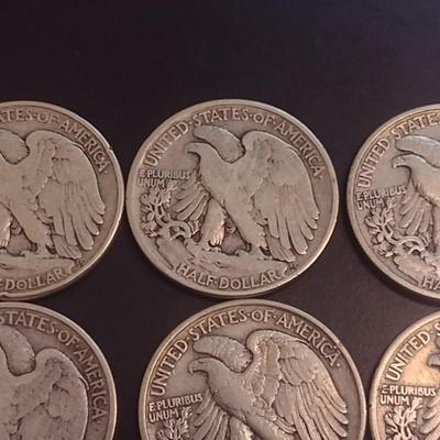 Set of Six U.S. Mint Walking Liberty Silver Half Dollars Various Dates Circulated (5)