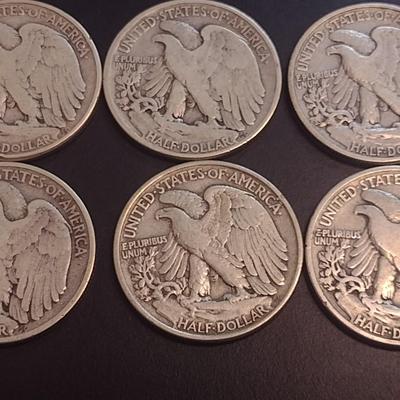 Set of Six U.S. Mint Walking Liberty Silver Half Dollars Various Dates Circulated (5)