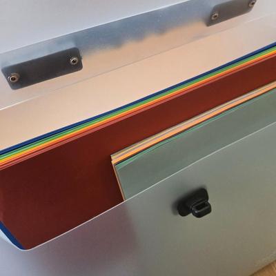 Hodgepodge Hardware and Crafting Paper in a Storage Container
