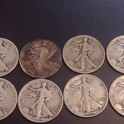 Set of Eight U.S. Mint Walking Liberty Silver Half Dollars Various Dates Circulated (6)