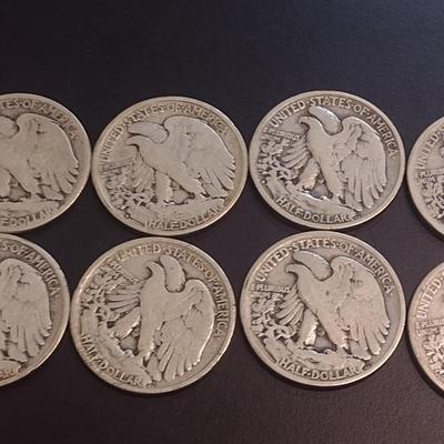 Set of Eight U.S. Mint Walking Liberty Silver Half Dollars Various Dates Circulated (7)