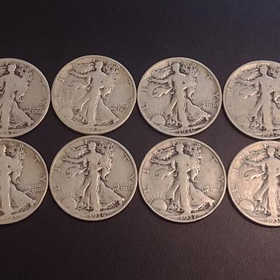 Set of Eight U.S. Mint Walking Liberty Silver Half Dollars Various Dates Circulated (7)
