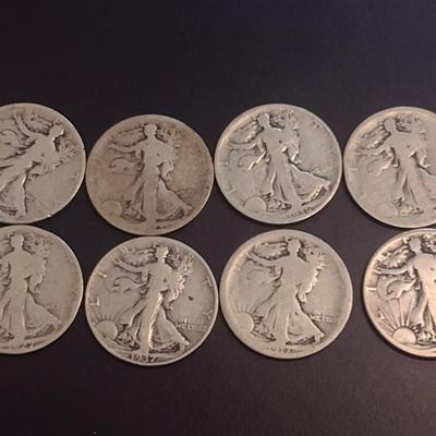 Set of Eight U.S. Mint Walking Liberty Silver Half Dollars Various Dates Circulated (8)