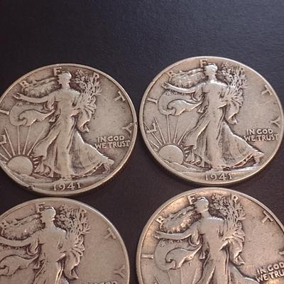 Set of Four 1941 U.S. Mint Walking Liberty Silver Half Dollars Circulated (9)
