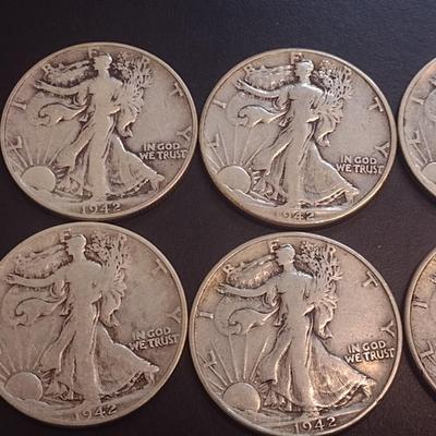 Set of Six 1942 U.S. Mint Walking Liberty Silver Half Dollars Circulated (10)