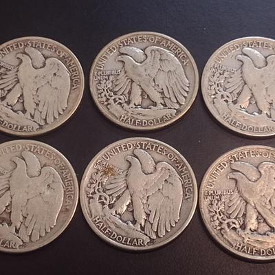 Set of Six 1942 U.S. Mint Walking Liberty Silver Half Dollars Circulated (10)