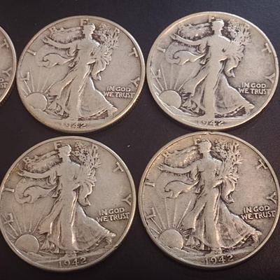 Set of Six 1942 U.S. Mint Walking Liberty Silver Half Dollars Circulated (10)