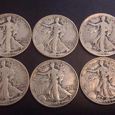 Set of Six 1942 U.S. Mint Walking Liberty Silver Half Dollars Circulated (10)