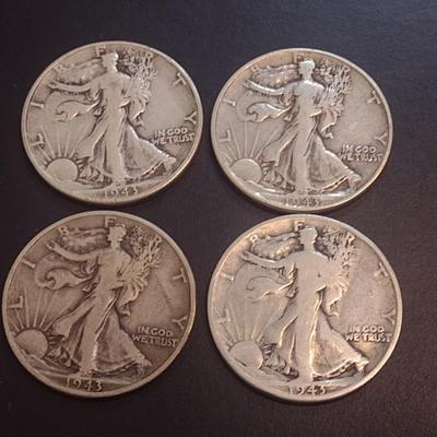 Set of Four 1943 U.S. Mint Walking Liberty Silver Half Dollars Circulated (11)