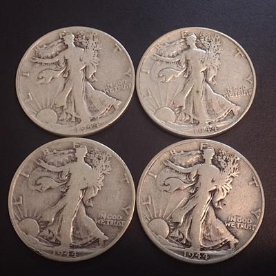 Set of Four 1944 U.S. Mint Walking Liberty Silver Half Dollars Circulated (12)