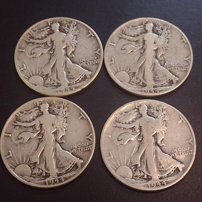 Set of Four 1944 U.S. Mint Walking Liberty Silver Half Dollars Circulated (13)