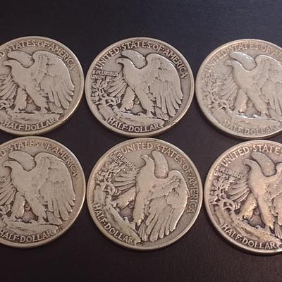 Set of Six 1945 U.S. Mint Walking Liberty Silver Half Dollars Circulated (14)