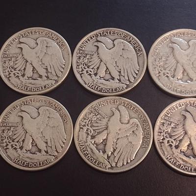 Set of Six 1945 U.S. Mint Walking Liberty Silver Half Dollars Circulated (14)