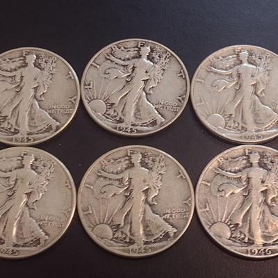 Set of Six 1945 U.S. Mint Walking Liberty Silver Half Dollars Circulated (14)
