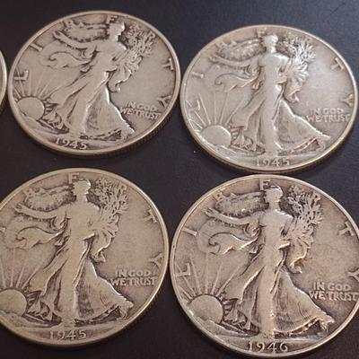 Set of Six 1945 U.S. Mint Walking Liberty Silver Half Dollars Circulated (14)