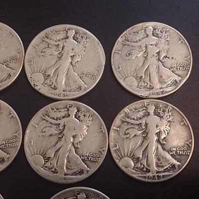 Set of 10 U.S. Mint Walking Liberty Silver Half Dollars Various Dates Circulated (15)