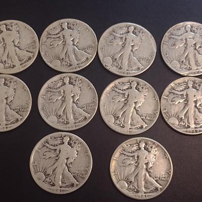 Set of 10 U.S. Mint Walking Liberty Silver Half Dollars Various Dates Circulated (15)