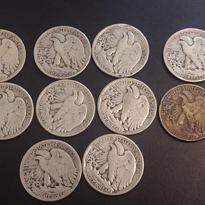 Set of 10 U.S. Mint Walking Liberty Silver Half Dollars Various Dates Circulated (15)
