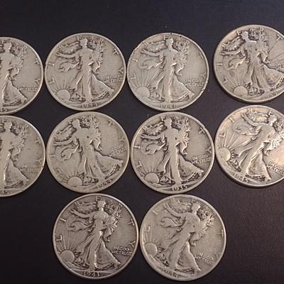 Set of 10 U.S. Mint Walking Liberty Silver Half Dollars Various Dates Circulated (16)