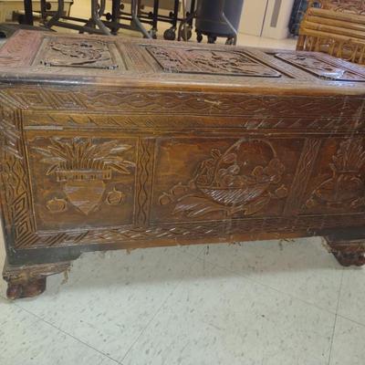 Carved Wooden Storage Chest with Asian Design- Approx 30" x 15" x 16 3/4" Tall
