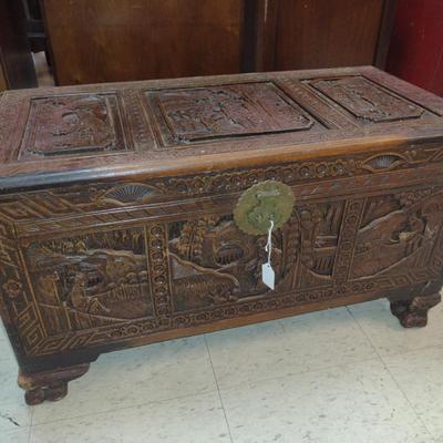 Sale Photo Thumbnail #1849: Carved Wooden Storage Chest with Asian Design- Approx 30" x 15" x 16 3/4" Tall