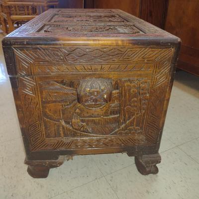 Carved Wooden Storage Chest with Asian Design- Approx 30" x 15" x 16 3/4" Tall