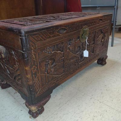 Carved Wooden Storage Chest with Asian Design- Approx 30" x 15" x 16 3/4" Tall