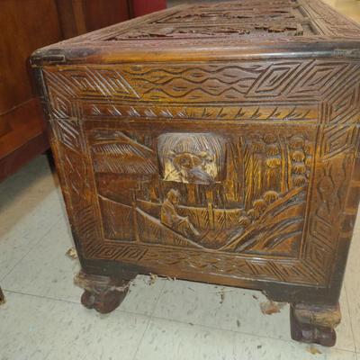 Carved Wooden Storage Chest with Asian Design- Approx 30" x 15" x 16 3/4" Tall